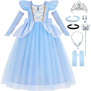 Cinderella Costume for Girls Kids Blue Princess Dress with Accessories Halloween Birthday Party Outfits (7-8Y)