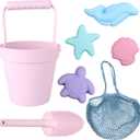 BLUE GINKGO Silicone Beach Toys - Modern Travel Friendly Set | Bucket, Shovel, 4 Sand Molds, Beach Bag | Sand Toys for Toddlers, Kids - Pink