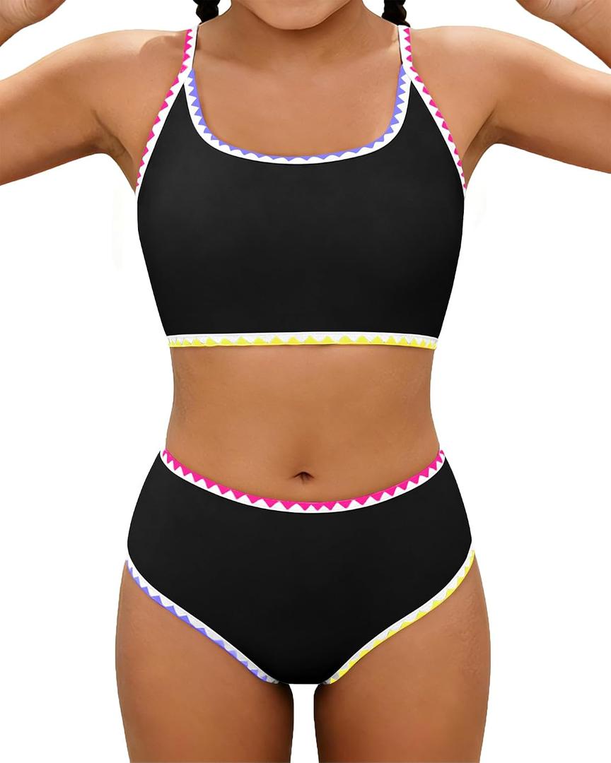 XUNYU Teen Girls Swimsuit 2 Piece Bathing Suit Tummy Control Girls' Swimwear High Waisted Bikini Sets Cute Floral Swim Suits (14-16 Years)