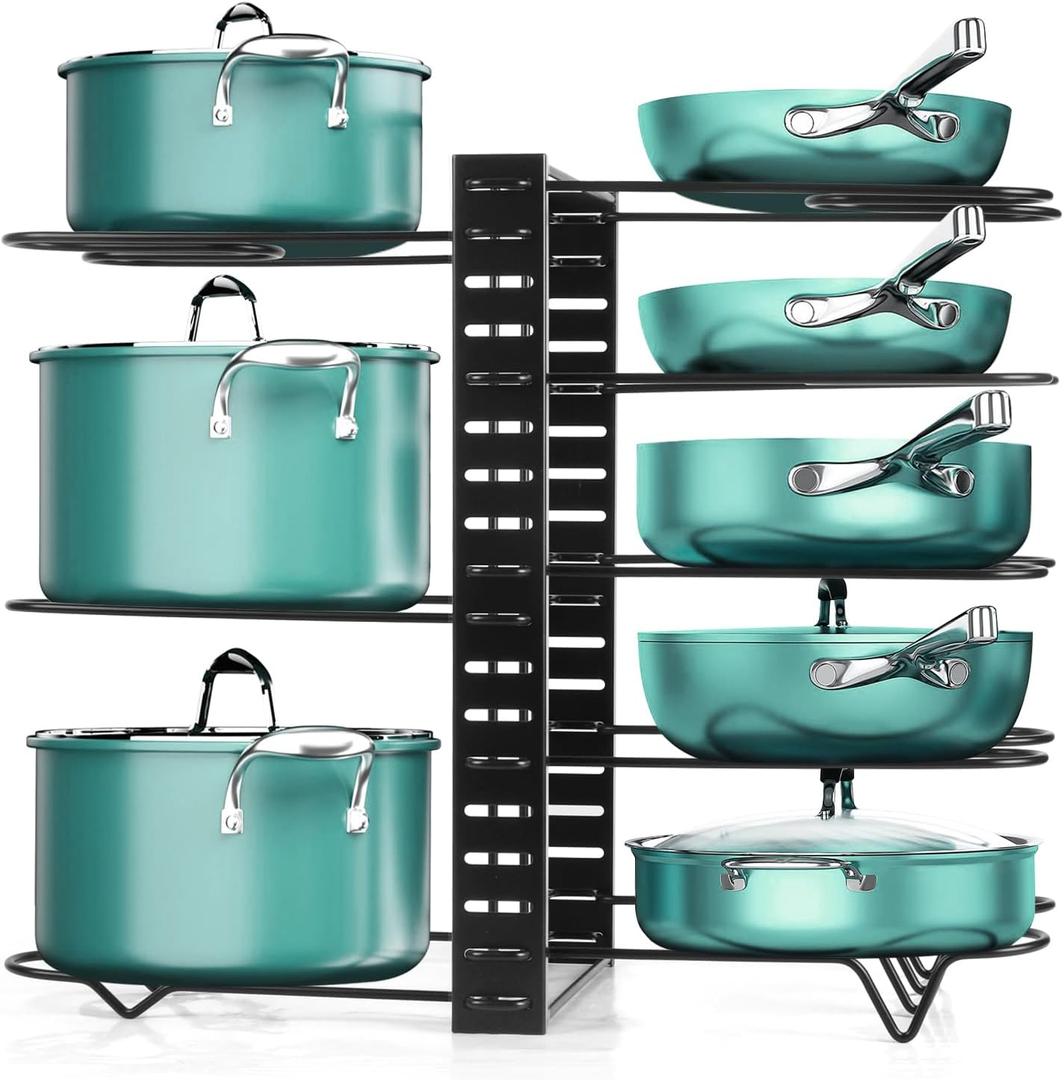 XSUPER Pots and Pans Organizer for Cabinet, 8 Tier Pot Rack Organizer with 3 DIY Methods, Adjustable Pot Lid Holders & Pan Rack for Kitchen Organizers & Storage, Black (Type B-14.96in)