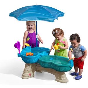 Step 2 Spill & Splash Seaway Water Table for Kids, Two-Tier Outdoor Kids Water Sensory Table with Umbrella, Ages 1.5+ Years Old, 11 Piece Water Toy Accessories, Small Pack
