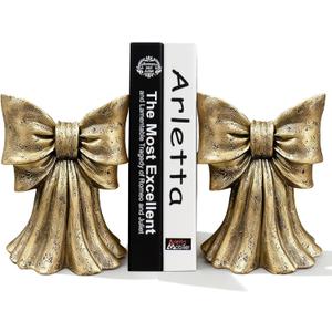 Vintage Gold Bow Book Ends Set of 2 Heavy Duty Bookends for Large & Heavy Books, Decorative Gold Bookends for Shelves, Desk & Home Office, Classic Vintage Decor Book Stoppers