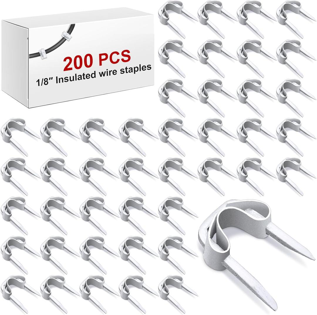 Tandefio 200 Pcs Electrical Wire Staples U Type 1/8 Inch Insulated Staples Wire Tacks for Cables Organization, Secures Low Voltage Efficient Cable Clips for Speaker Telephone Thermostat (White)