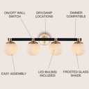 JONATHAN Y 34" Brass Gold/Black Modern Globe LED Vanity Wall Sconce Light, White Frosted Glass Shade, Mid-Century Art Deco Wall Lamp for Bathroom, Kitchen, Hallway (JYL3543A), 4 Bulb