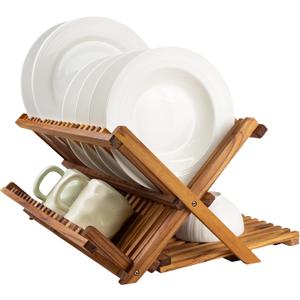 Utoplike Large Teak Dish Drying Rack, Wooden 3 Tier Collapsible Dish Draine for Countertop, Kitchen Organizer for Pasta Plates, Cups