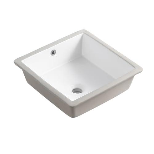 16 Inch Small Square White Undermount Bathroom Sink 16.15" x 16.15" Vanity Under Counter Basin Porcelain Rectangle Vessel Sink for Tiny Place Opening Size 14.17" x 14.17" Lavamanos Para Baños KINGWONG