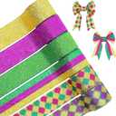 Mardi Gras Wired Ribbon, 6 Rolls 30 Yards Purple Gold Green Glitter Metallic Edge Stripe Ribbon for Mardi Gras Wreath Bows, Masquerade Party Decoration,2inch