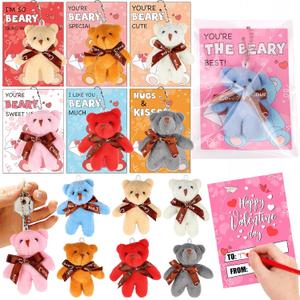 28 Pack Valentiens Day Gifts for Kids School Valentines Day Cards with Mini Plush Bear Keychain Toys, Valentines for Kids Classroom Valentines for Class Exchange Gifts Party Favors for Boys Girls