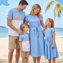 PATPAT Family Matching Outfits Short Sleeve Mommy and Me Outfits Belted Dresses and Casual T-Shirts Matching Sets 2 Packs (Blue, S)