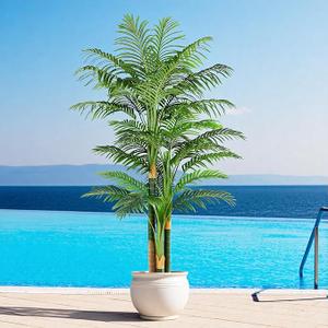 Keeplush 7ft Tall Triple Golden Cane Palm Artificial Tree Large Tropical Palm Tree UV Resistant Fake Plant in Pot for Indoor Outdoor Big House Living Room Outside Patio Office Home Decor 1Pack