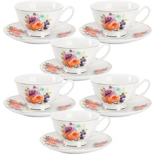 BTaT- Tea Cups and Saucers, Floral Design, Porcelain Tea Cup Sets, Dishwasher Safe, Set of 6, 8 oz, Mothers Day Gift