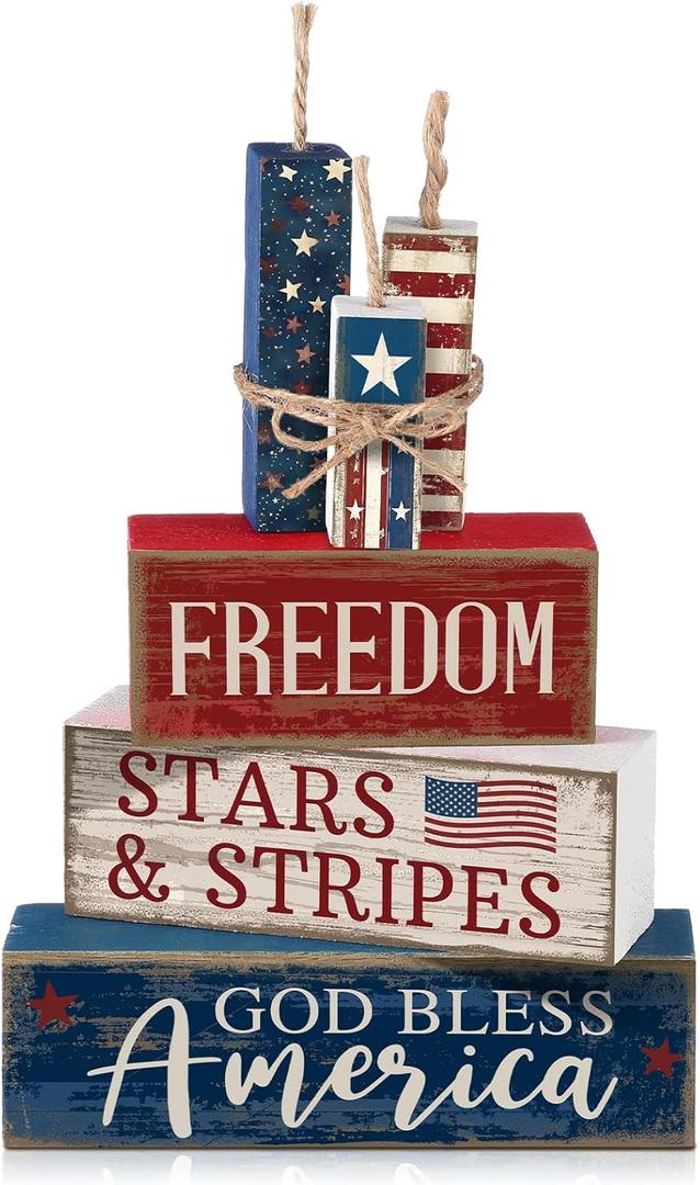 CroBlissful 4 Pcs 4th of July Decorations Patriotic Memorial Day Tabletop Decorations Red White Blue Table Centerpieces Sign for Office Tiered Tray Home Shelf 250th Anniversary(Freedom)