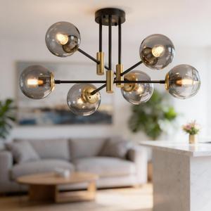 6-Light Sputnik Chandelier Modern Matte Black and Gold Ceiling Light, Glass Globe Hanging Light Fixture for Dining Room, Kitchen Island, Bedroom, Living Room