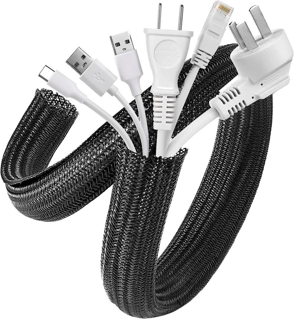 AGPTEK Cable Sleeve Cover, 20ft - 1.2 inch Desk Cord Organizer Cable Hider, Home Office Wire Management Computer TV Wire Loom Tubing, Pet Proof Cord Protector, from Cat Dog Chewing, Black