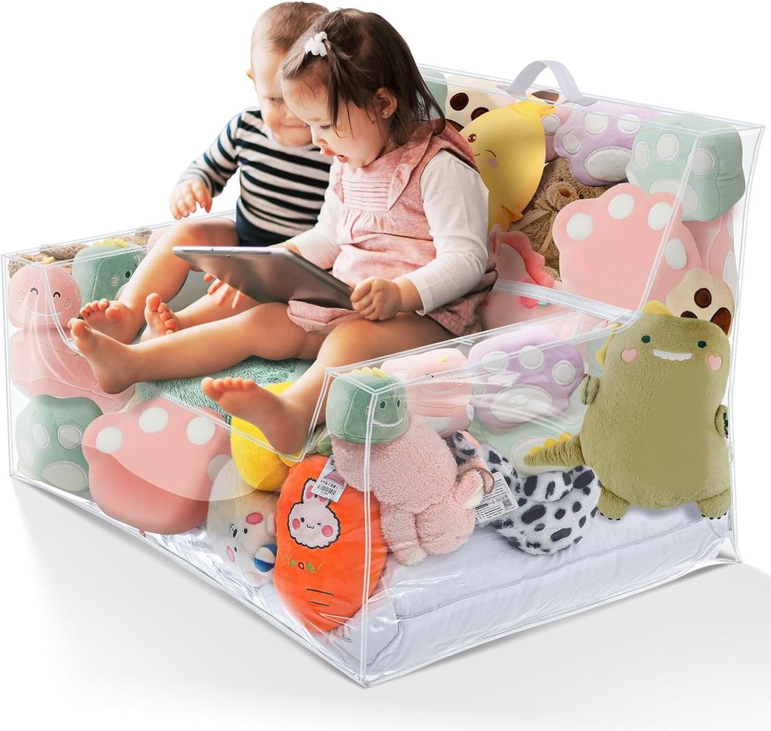 Stuffed Animal Storage Bean Bag Chair Sofa Cover Zipper Large Transparent PVC Stuffed Animal Organizer Bean Bag Seat Only for Organizing Rooms Plush Toys When Filled (38 Inch, Sofa Style)