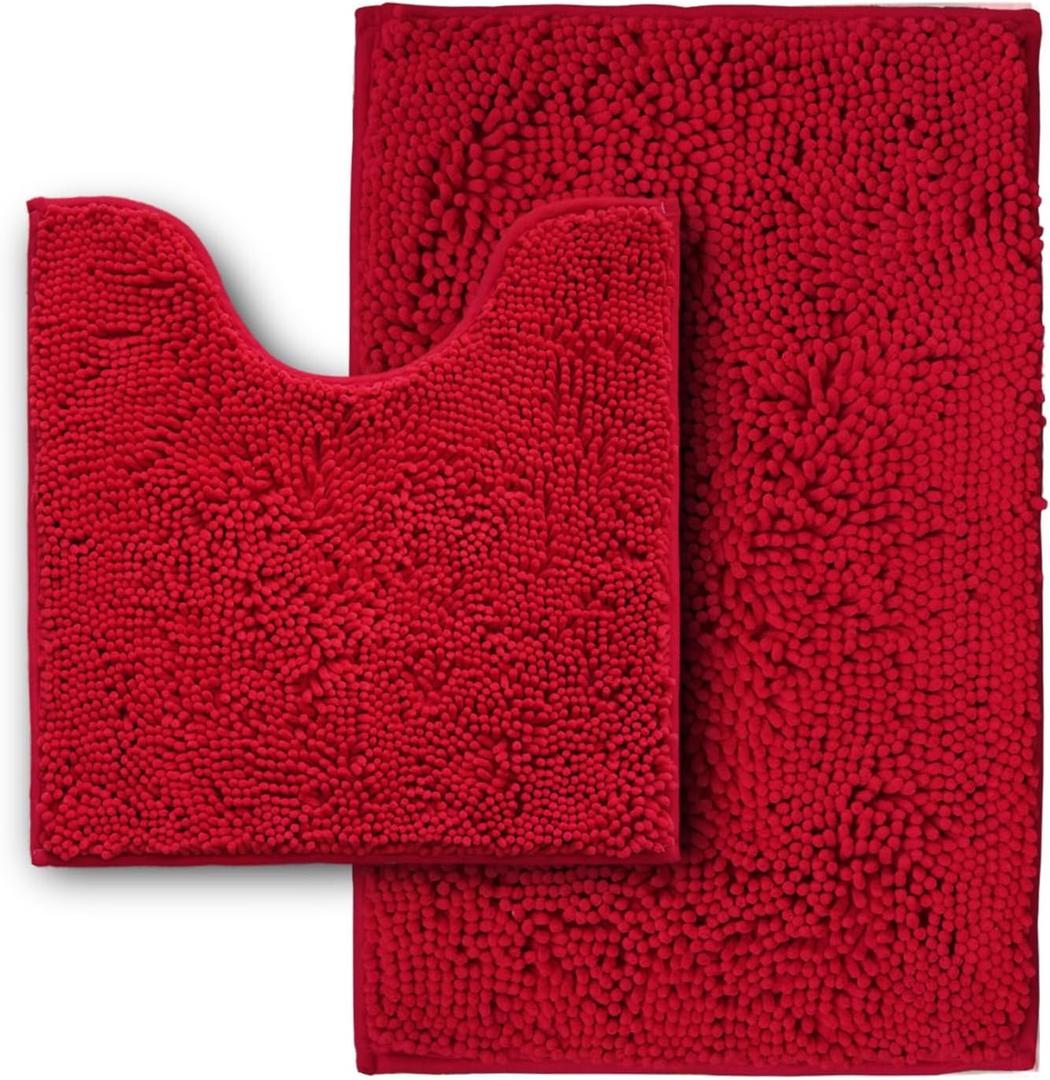 Bathroom Rugs Sets 2 Piece,Super Absorbent Soft,Thick,Machine Washable Chenille Bath Mat,Non Slip Toilet Floor Rug,Bath Mats for Bathroom,20x32 Plus 20x20 U Shape,Red