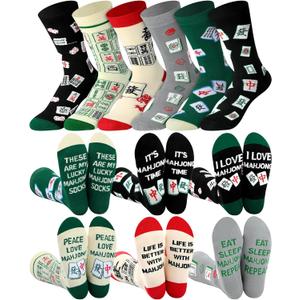 Liitrsh 6 Pairs Funny Mahjong Cotton Socks with Novelty Pattern Mah Jong Themed Socks Bulk Chinese New Year Holiday Birthday Gifts for Women Men Mahjong Lovers Fans