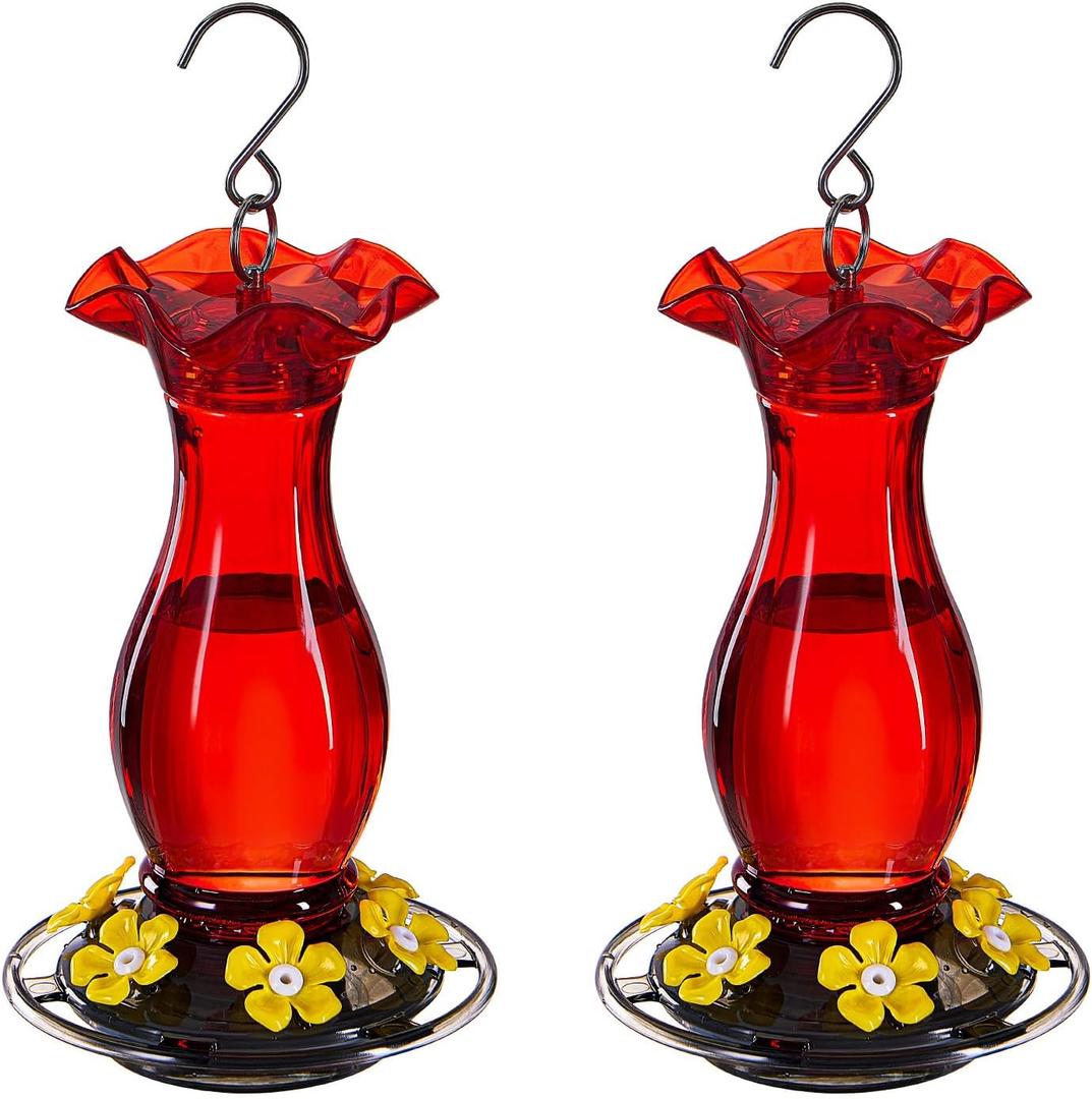 Jealoeur Hummingbird Feeder for Outdoors Hanging, 18 OZ Humming Birds Feeders with 6 Bee Guard Feeding Ports & Built-in Ant Moat, Easy to Clean, Durable Outdoor Garden Decor (Red 2 Pack-CC)