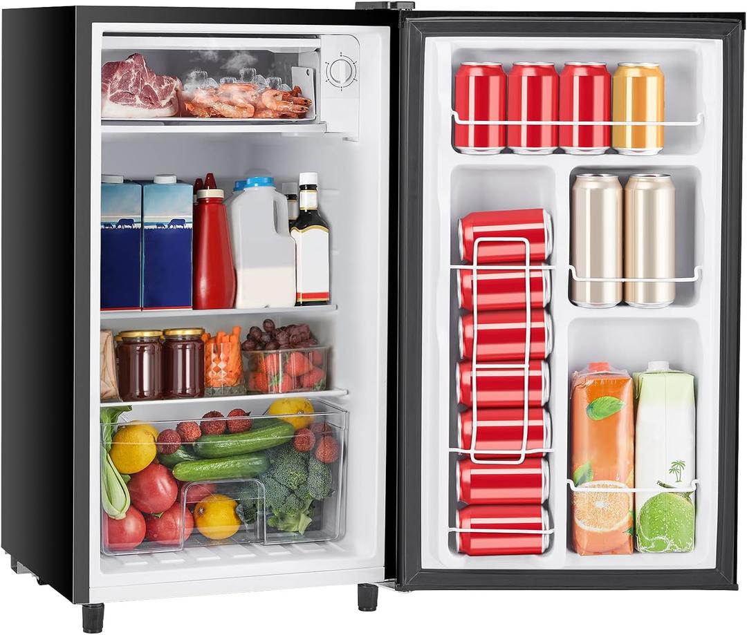 Sweetcrispy 3.2 Cu.Ft Mini Fridge with Freezer, 2 Door Small Refrigerator with Adjustable Thermostat Energy-efficient Low Noise, Compact Fridge for Bedroom, Office, Dorm, Black, Single Door
