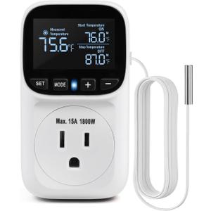 Digital Temperature Controller, Heating & Cooling Thermostat Plug Outlet, 40F~210F, 15A 1800W, LCD Display, Temperature Controlled Outlet for Home, Greenhouse, Chicken Coop, Reptile