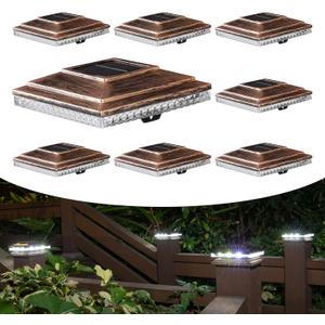 Solar Post Cap Lights,Outdoor Deck Fence Post Lights,Powerful Lithium Battery 20Lumens Two Light Modes Warm White/Bright White Suitable for 4x4 5x5 Wooden Posts,4x4 Viny Posts (Brushed Copper, 8pk)