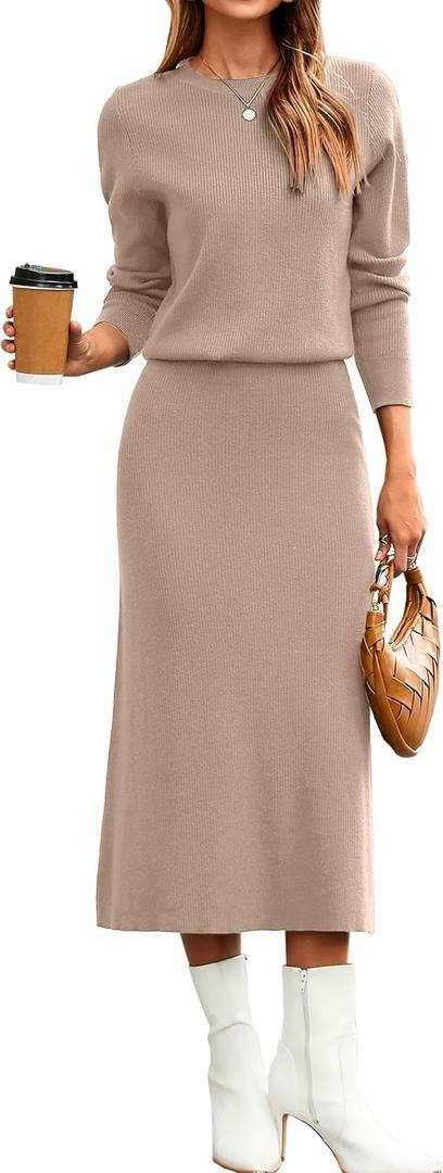Glamaker Womens 2 Piece Skirt Sets Fall Long Sleeve Sweater Dress Casual Knit Midi Dress Travel Outfits Winter Clothes 2025 (Small, Khaki)