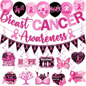 Breast Cancer Party Decorations,Pink Ribbon Hanging Swirls Breast Cancer Awareness Decorations Ceiling Hanging for Breast Cancer Awareness Month Decorations