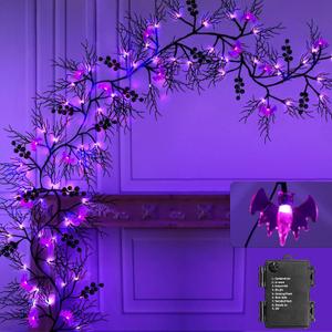 TURNMEON Extra Long 9 Ft 72 LED Halloween Willow Vine Twig Decor Garland with 24 Purple Bats Lights 8 Modes Timer Waterproof Battery Operated Halloween Decorations Home Wall Fireplace
