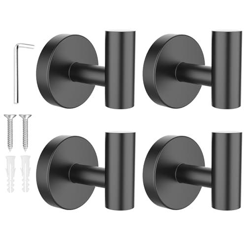 SetSail Towel Hooks for Bathrooms 4 Packs Screw-in Matte Black Bathroom Towel Hook Wall Mounted Stainless Steel Shower Towel Hooks for Coat Hanging, Drill Hole, Missing Screws