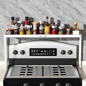 BOIVSHI Stove Top Shelf, Stove Rack Shelf for Back of Stove, Over the Stove Spice Rack, Over Stove Spice Rack Adjustable 27-33 inch for Kitchen Stove, Oven, Sink Spice Organizer, White