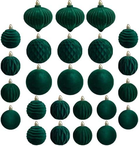 Christmas Tree Ornaments Velvet Balls - 25 pcs Flocked Green Velvet Christmas Ornaments - Vintage Style Xmas Tree Ball Decor for Indoor Outdoor Holiday Decorating, Home, Office, Gift