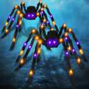 2 Pack 50 Inch Large Light Up Halloween Spider Decorations, 26 LED Orange Purple Lights Battery Operated Realistic Black Spider Scary Halloween Decor Outdoor Indoor Spider Web Yard Haunted House Party