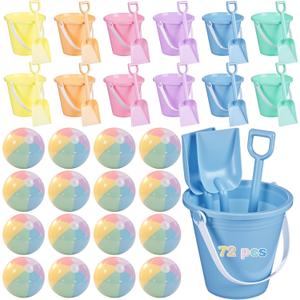 72 Pcs Beach Toys for Kids 24 Set Sand Buckets Shovels Bulk Pastel Beach Balls Inflatable Sand Toys for Girls Boys Toddlers Games Birthday Summer Pool Party Favor (Macaron, Stylish) (Vivid)