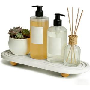 Instant Dry Sink Tray, Anti-Slip Stone Sink Caddy, Durable Kitchen Sink Organizer, Quick Dry Water Absorbing Stone Tray for Bathroom Counter, Stone Soap Tray -White (White Wooden Foot 4circles Large)