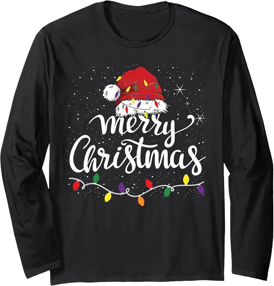 Merry Christmas Xmas Family Matching Apparel Merry Christmas Lights Red Santa Hat Xmas Family Men Women Long Sleeve T-Shirt, Blue XL