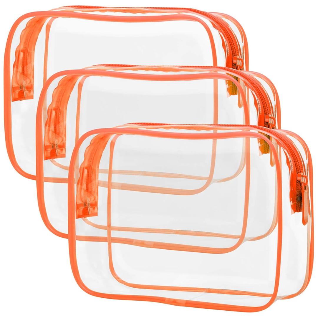 PACKISM Clear Makeup Bag with Zipper, 3 Pack TSA Approved Toiletry Bag, Beauty Cosmetic Bag, Quart Size Travel Bag, Carry-on Airport Airline Compliant Bag, Orange (Medium)