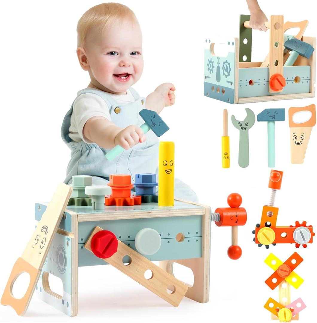 Asweets Kids Tool Bench,32 PCS Wooden Toddler Tool Set with Box,Montessori Toys STEM Educational Pretend Play Construction Toy Best Birthday Gift for 3 4 5 6 Year Old Boys Girls (Blue)