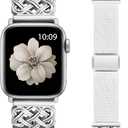 Minyee Magnetic Stretchy Band Compatible with Apple Watch Bands 38/40/41/42/44/45/46/49mm Women Men, Celtic Knot Soft Elastic Nylon Fabric Strap for iWatch Series 11 10 9 8 7 6 5 4 SE/Ultra 3 2 1 (White/Silver)