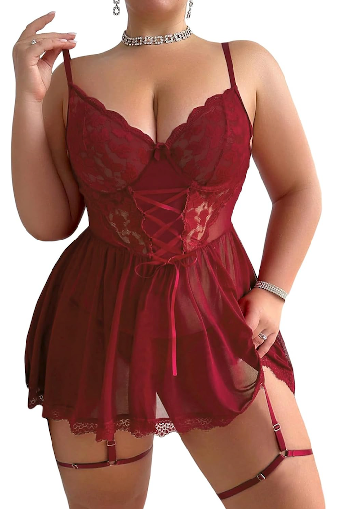 Women Plus Size Lingerie Mesh Babydoll Dress Sexy Lace Nightgown Lace Up Sleepwear Nighty with Gater Belt, Size XL