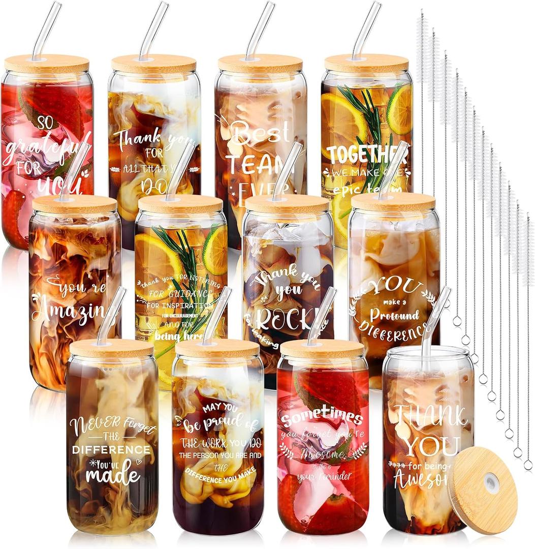 BHHQHH 12 Sets Employee Appreciation Gifts Team Thank You Gifts for Staff Coworker Inspirational and Motivational Glass Cups 16 oz Can Shaped Beer Glass with Lids Straws Brushes (Mix)