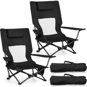 Joyfair 2 Pack Beach Chair Camping Chairs Set(High Back), Heavy Duty Folding Low Lawn Camp Chair for Adults for Outdoor Sport Fishing, Armrest Chair with Portable Bag, Pillow, Cup Holder (Black), 31 inches x 25 inches x 32 inches