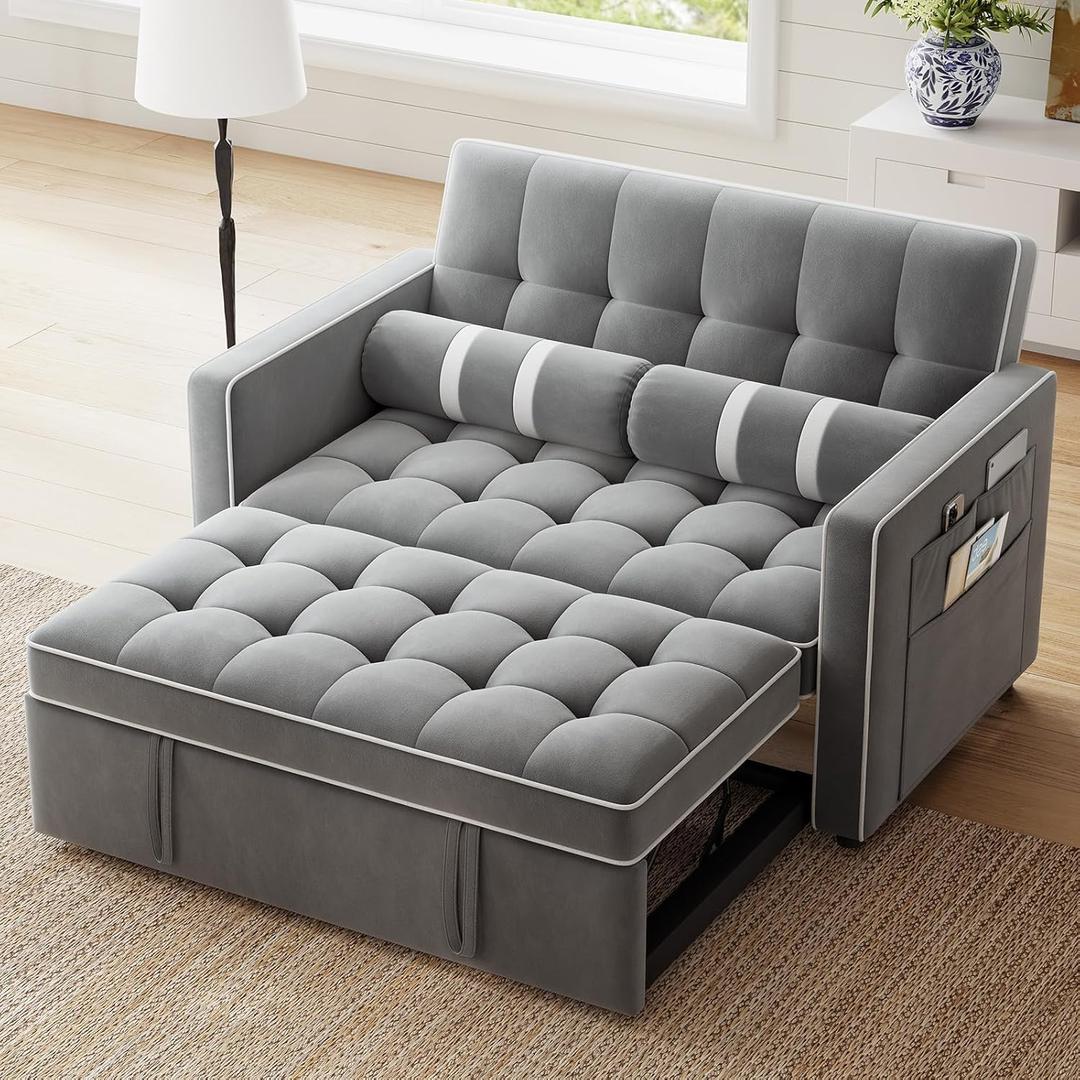 Marsail Sofa Bed, 3-in-1 Convertible Sleeper Sofa, Futon Couch with USB Charging, Side Pockets & Adjustable Backrest, Pull Out Couch for Living Room, Apartment, Loveseat, Velvet Fabric, Grey