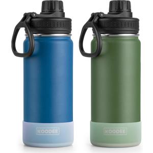 koodee Insulated Water Bottle 2 Pack-18 oz Stainless Steel Vacuum Metal Sports Water Bottle with Leakproof Spout Lid (Navy-Grass Green)