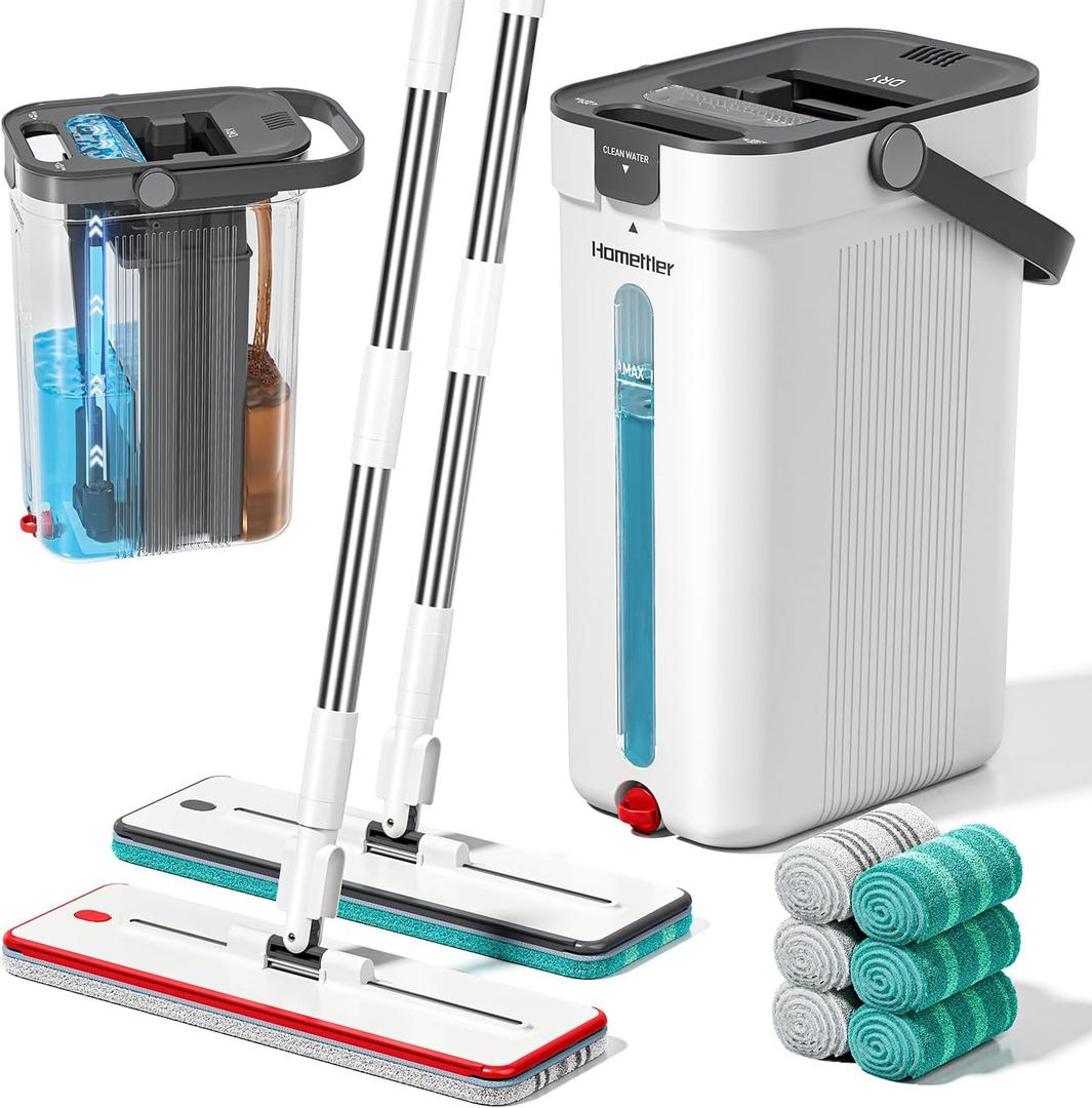Dual Mop and Bucket Set, Flat Mop and Bucket System with Separate Dirty and Clean Water, 3-Compartment Wall Cleaner Mop, Flat Mops for Floor Cleaning with 6 Microfiber Pads