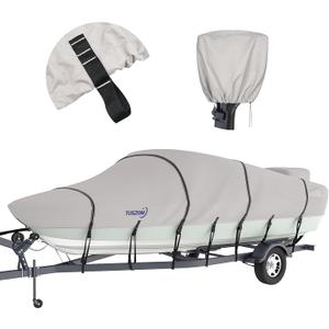 1200D Waterproof Boat Cover Trailerable Marine Grade Polyester Universal Fits V-Hull, Bass, Runabout,Fishing,Ski Boat with Motor Cover,More Straps (Gray, 14' - 16' L, UP to 90" W)