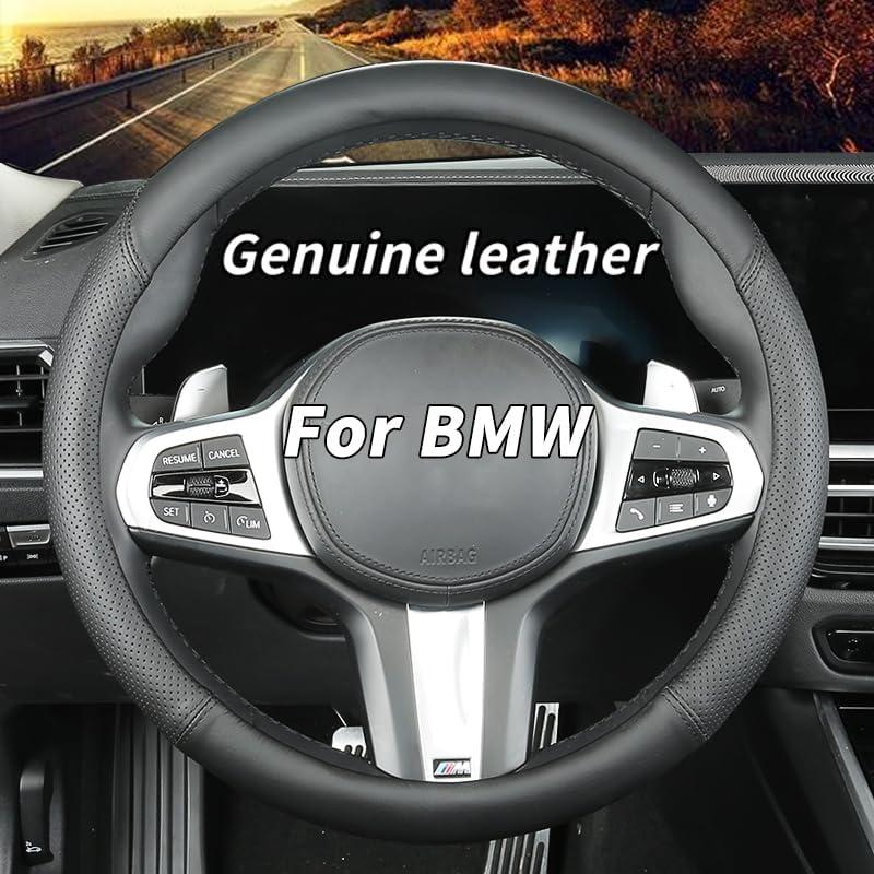 Custom-Fit for BMW Steering Wheel Cover, Genuine Leather Steering Wheel Cover, Non-Slip, Breathable, for BMW Accessories (Black (Black line), for BMW)
