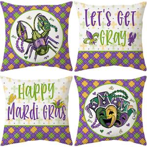 4 x Happy Mardi Gras Throw Pillow Covers 18x18 Set of 4 Fleur De Lis Lattice Beads Masks Lobster Designs Festive Cushion Covers for Home Sofa Couch Party Carnival Cushion Case Decoration