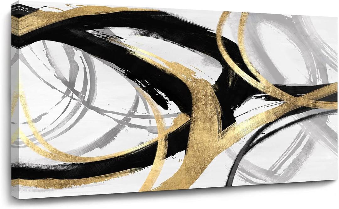 Kureful Gold Wall Decor - Black Canvas Wall Art for Living Room- Large Line Artwork - 20" x 40" Oil Painting Abstract Pictures for Bedroom Kitchen Home Office