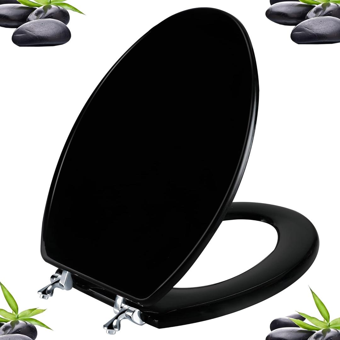 Black Elongated Toilet Seat Natural Wood Toilet Seat with Zinc Alloy Hinges, Easy to Install also Easy to Clean, Scratch Resistant Toilet Seat by Angol Shiold (Elongated, Black) (Elongated, Black)
