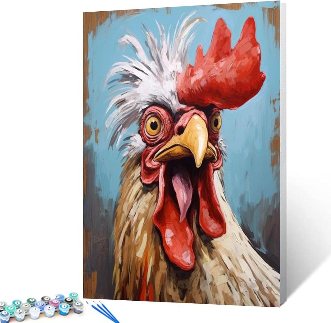 Tucocoo Farm Animal Paint by Bumbers for Adults Framhouse Chicken DIY Paint by Numbers Acrylic Paint Canvas Kitchen Decor Funny Rooster Painting Kits Framhouse Art 16x20 Inch （DIY Frame ）